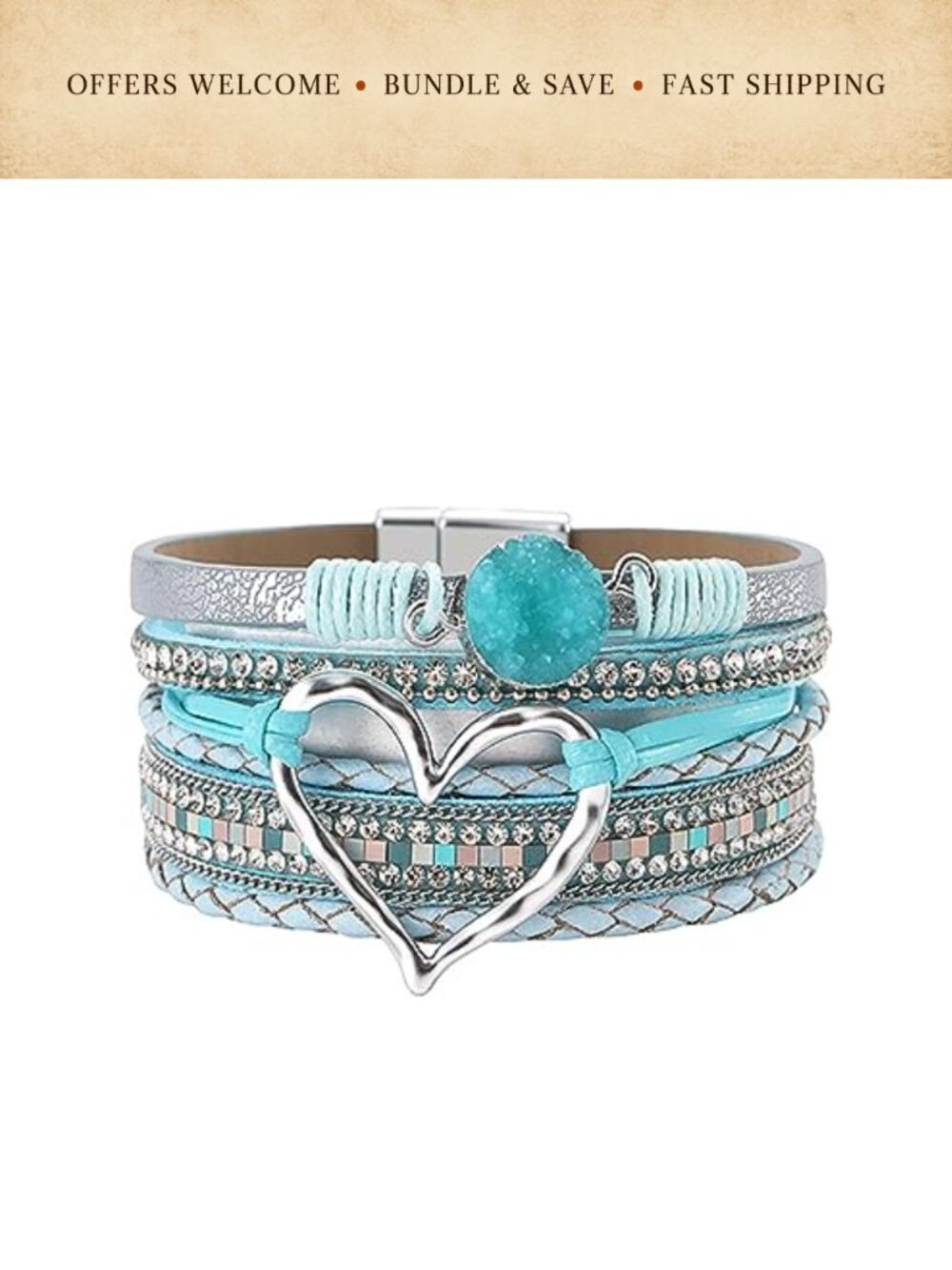 Heart Multilayer Leather Wrap Bracelet Braided Stackable Boho Wristband